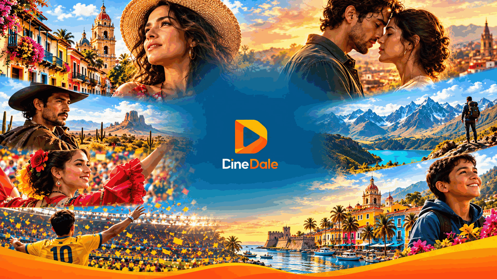 CineDale entertainment collage featuring romance, travel, culture and sports